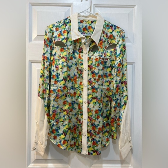 Rebecca Minkoff Silk Cut Out Blouse Micro Floral Pearl Snap Button Women Sz 12 - Picture 1 of 10